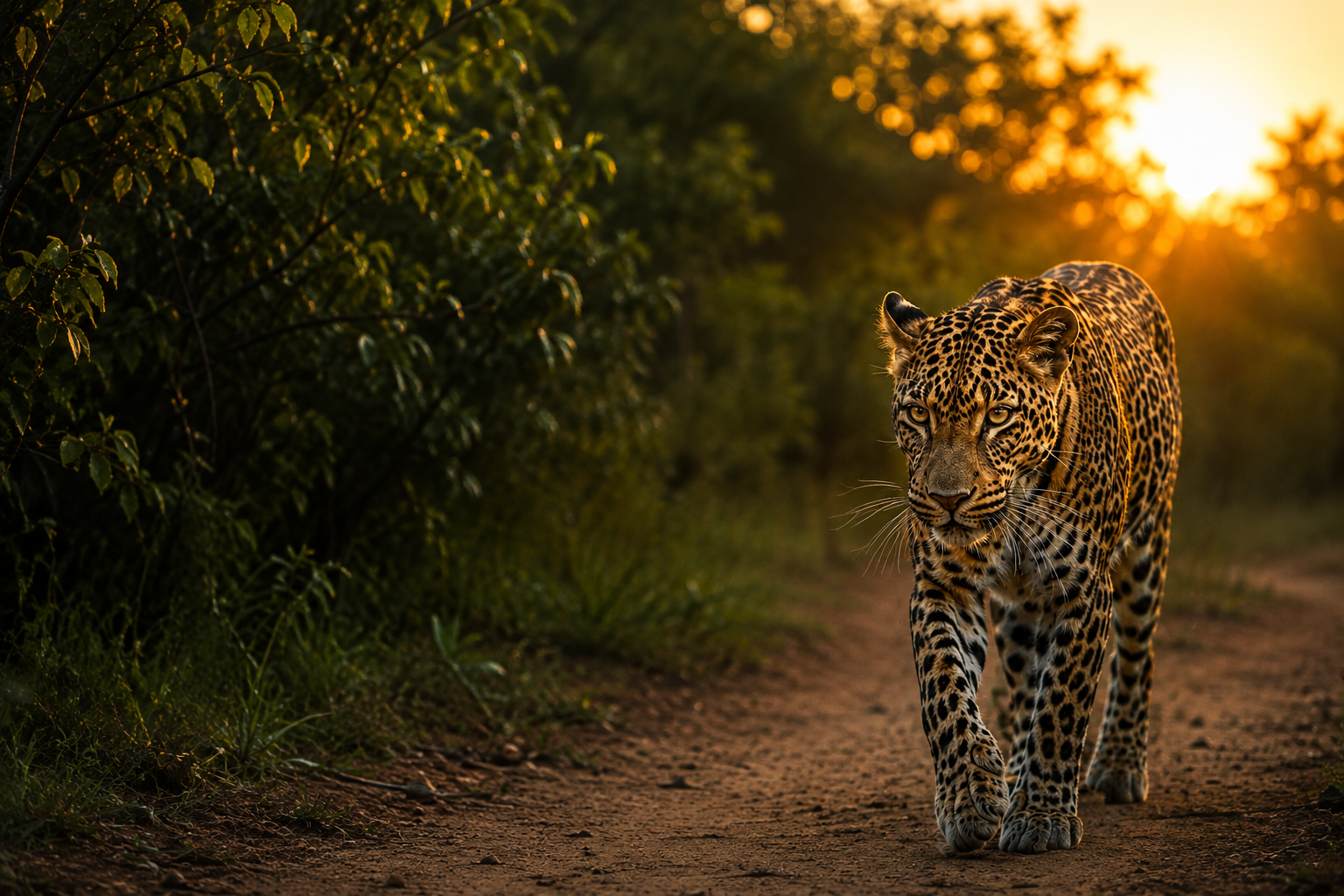 Sri Lankan leopard walking along a jungle track at sunset in Yala National Park
